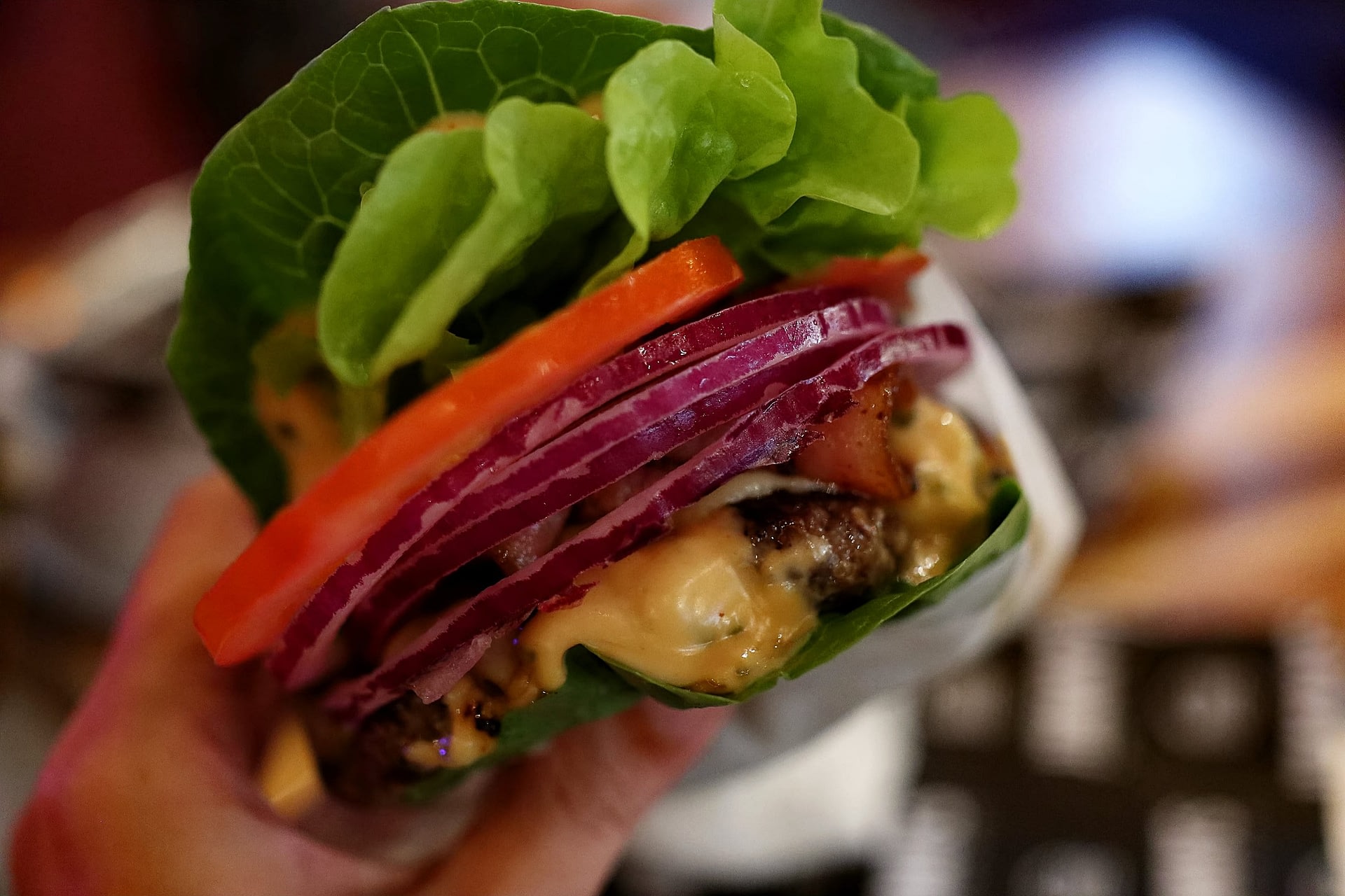 A cheeseburger and veggies wrapped in a lettuce bun