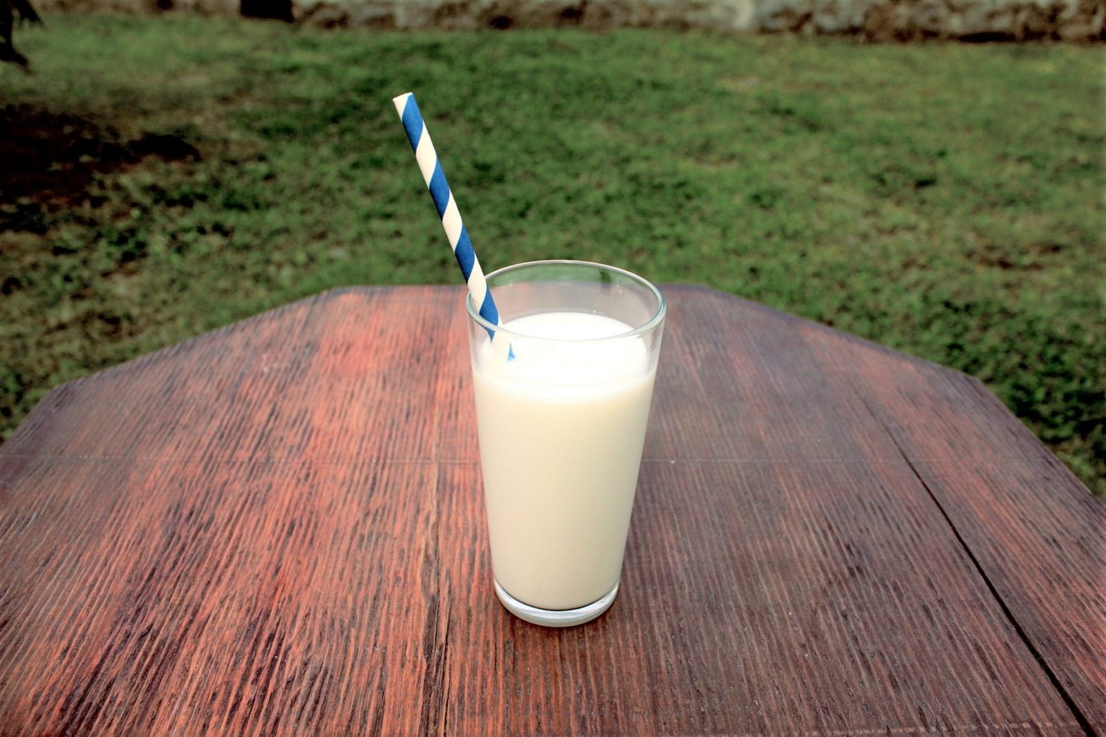 A glass of milk with a large spiral straw