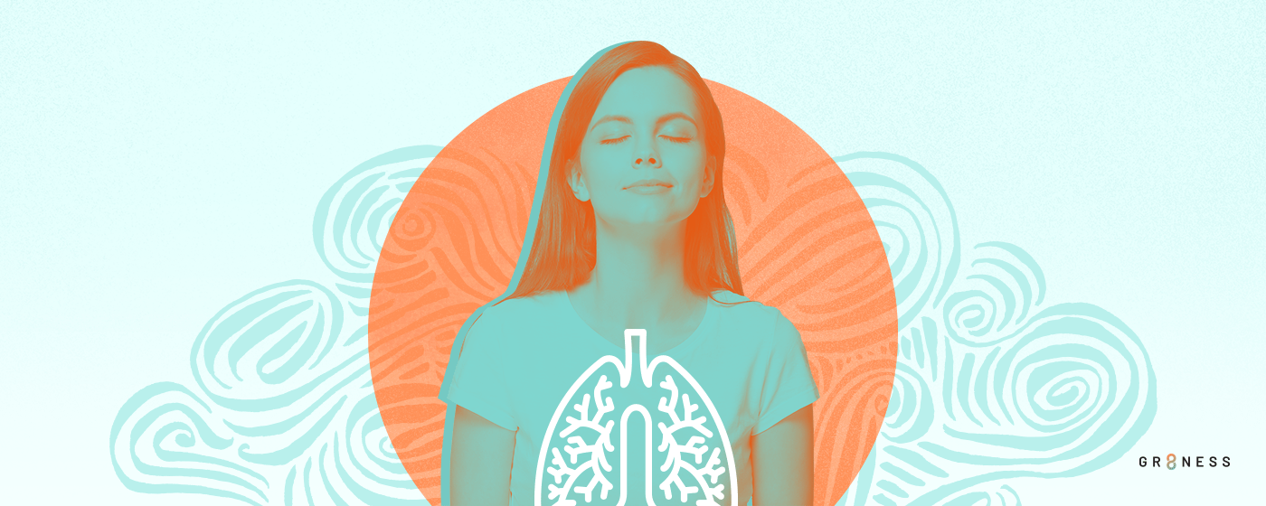 A young woman breathes air through her healthy lungs