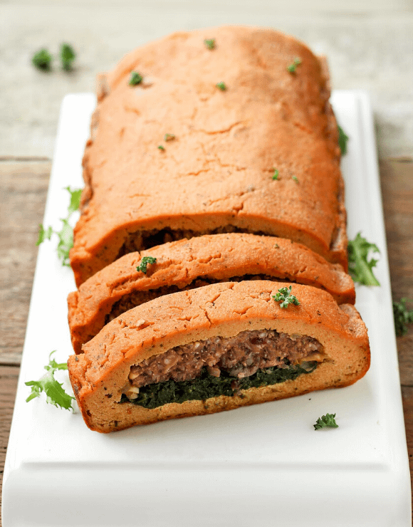 Vegan roast stuffed with mushrooms and lentils for thanksgiving recipe