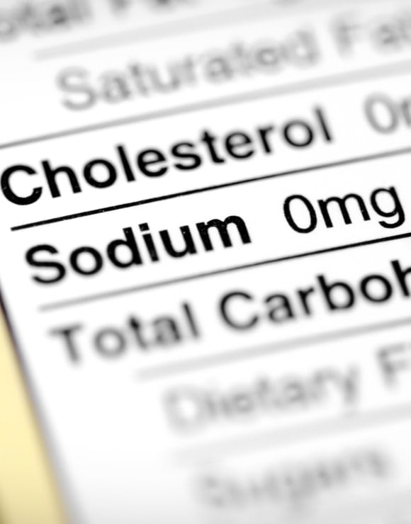 A close up of cholesterol and sodium on an ingredients label