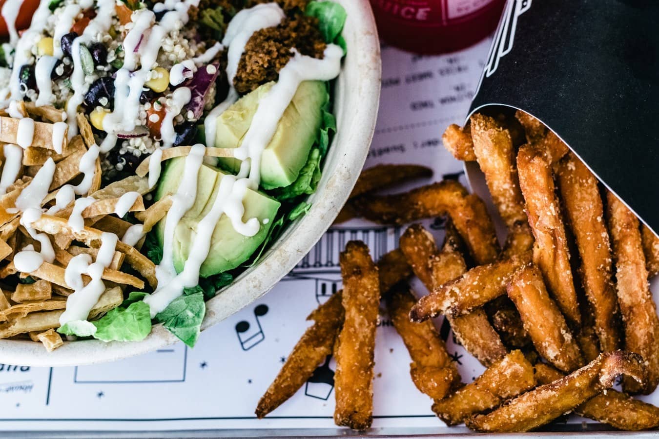 french fries and salad made from air fryer recipes