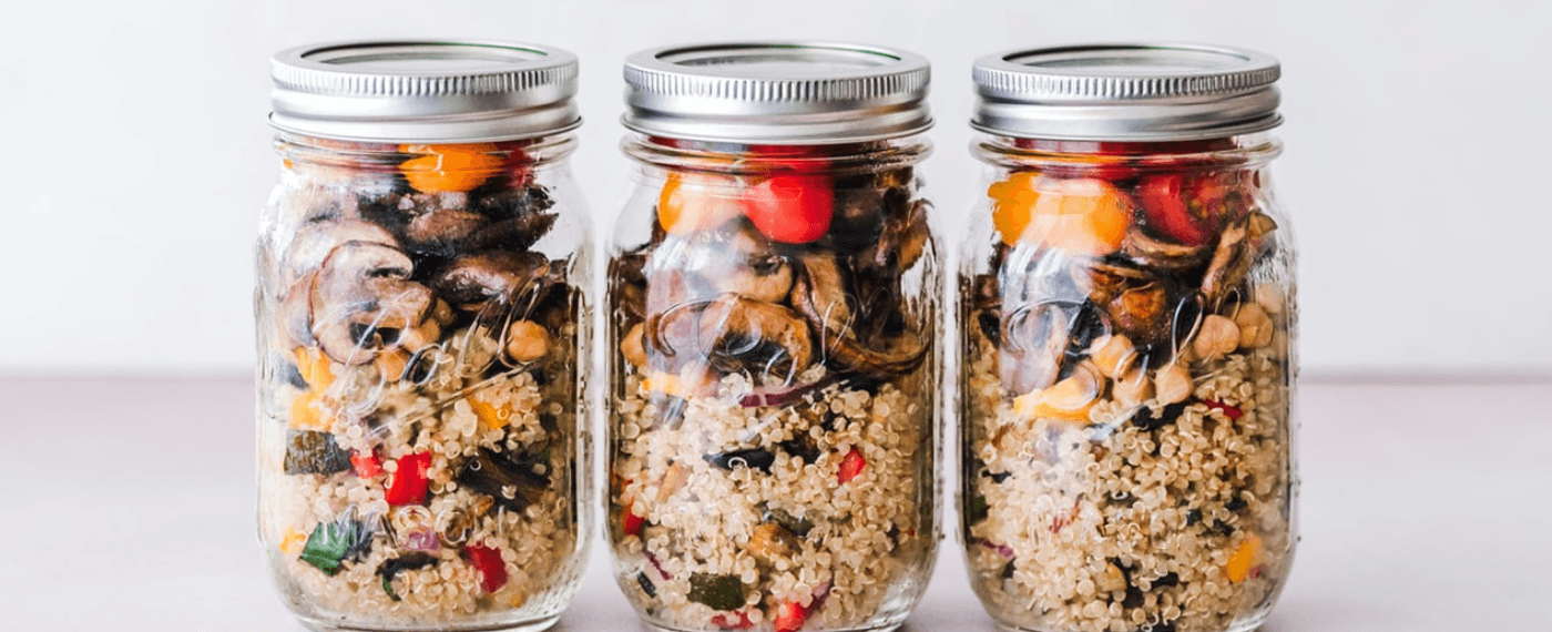 Jars of healthy food proportions for healthy meal prep recipes