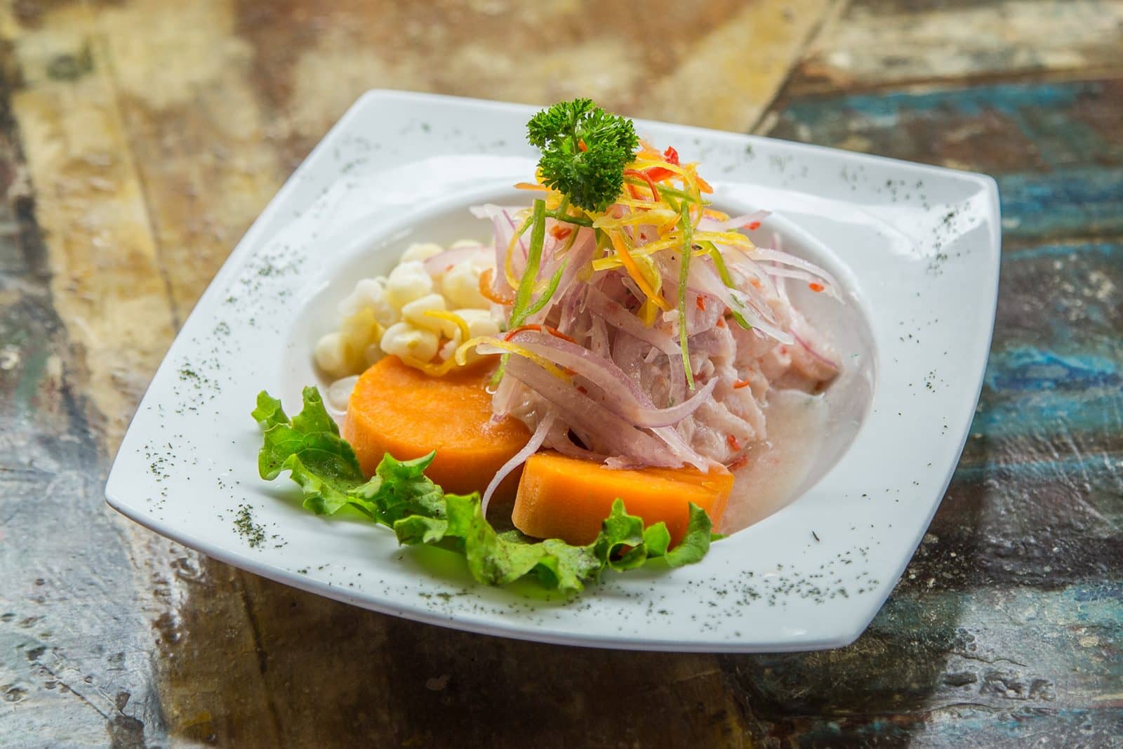 Ceviche prepared with sweet potatoes and vegetables