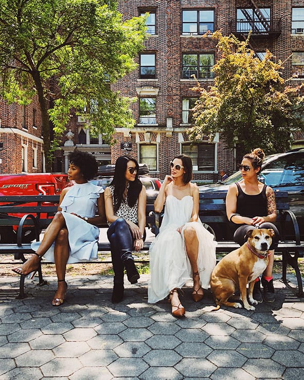 A group of women with a dog sitting and talking on a bench