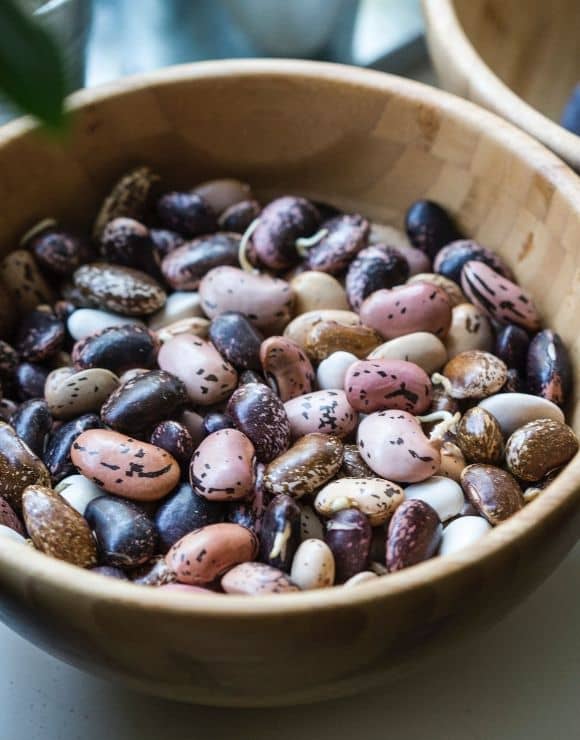 A wooden bowl of antioxidant rich beans of varying colors