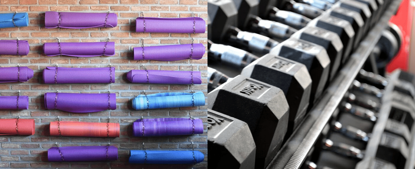 Wall of yoga mats side by side to a row of dumbbells