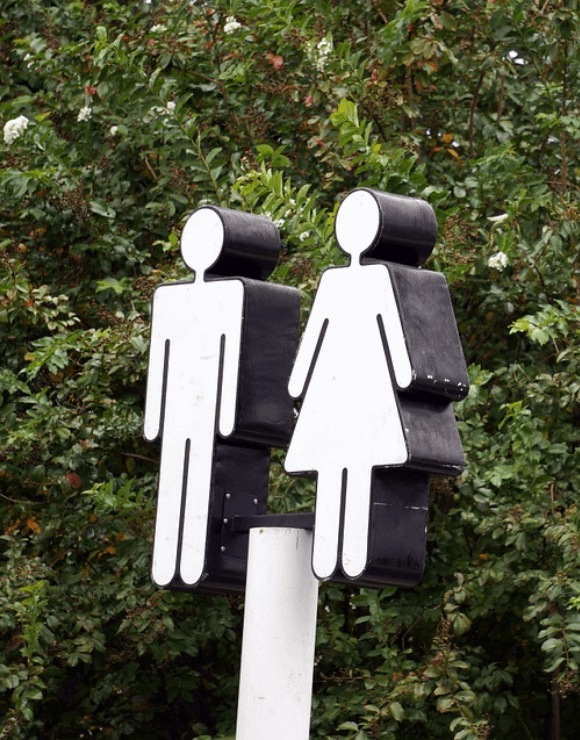 Outdoor bathroom sign for male and female bathrooms