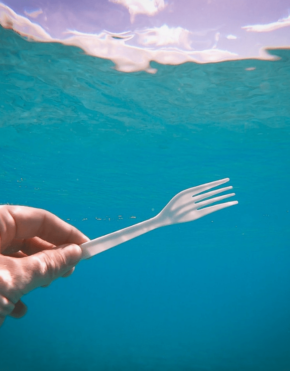 A plastic fork under ocean waters