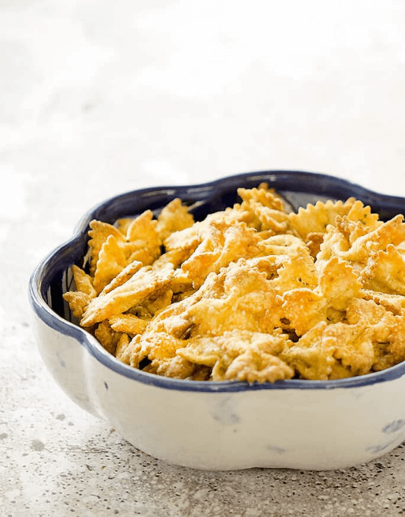 a bowl of Air Fried Bow Tie Pasta Chips