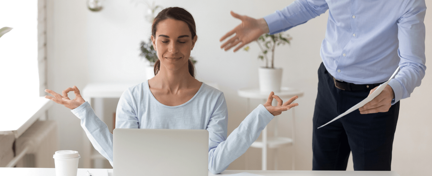 Woman practicing rage yoga and meditating while husband yells about bills