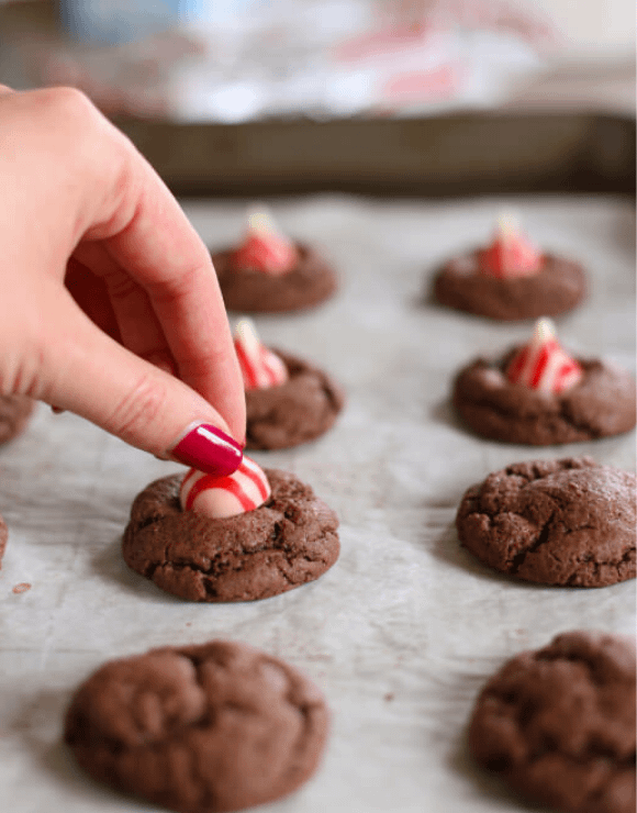 gluten free chocolate cookies with peppermint Hershey's kiss in the center