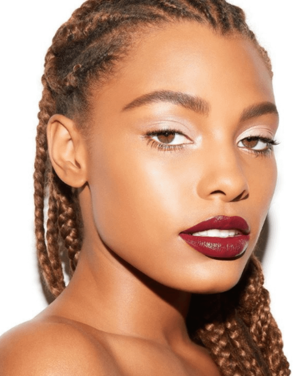 female model shows off trendy burgundy lipstick