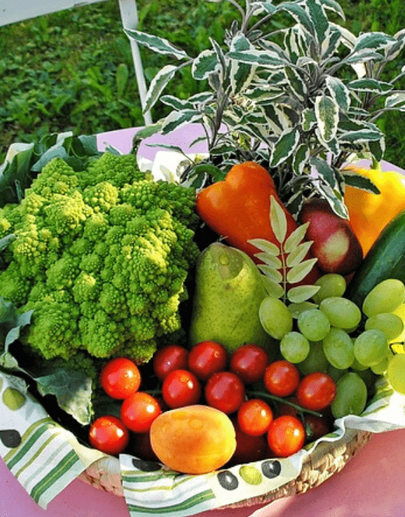 A basket of fiber rich foods such as apples, grapes, broccoli, and peppers